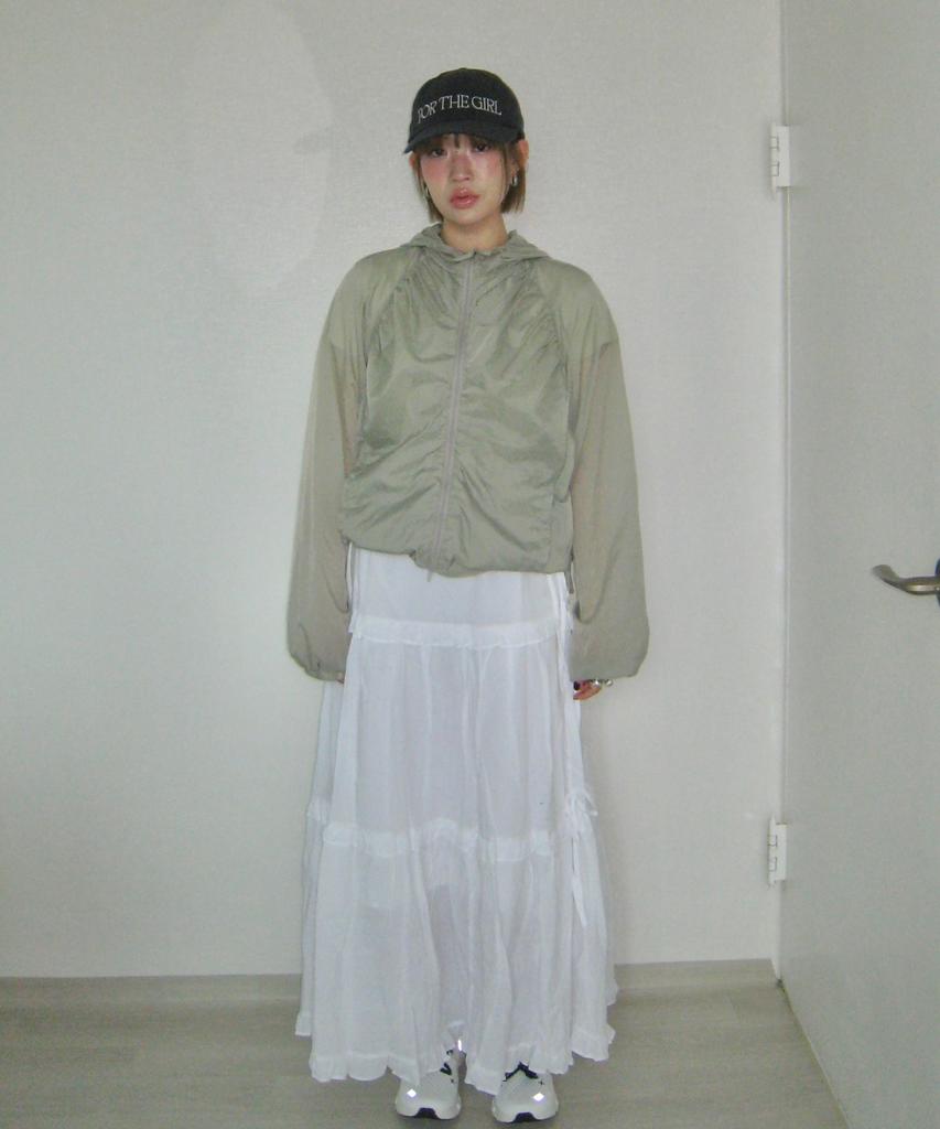 Place Studio Tiered Frill Flare Ribbon Shirred Long Cotton Skirt [Cream]