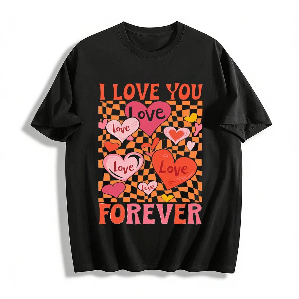 Retro Checkerboard Heart Print I Love You Forever Casual T-Shirt Pure cotton T-shirt XXS
