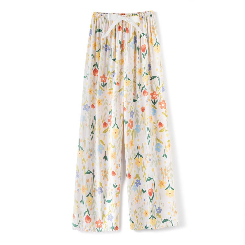 Cotton Gauze Women s Pajama Pants Lightweight Loose Fit Floral Print Wide Leg Lounge Trousers Maternity Wear Breathable Soft Fabric бежевый
