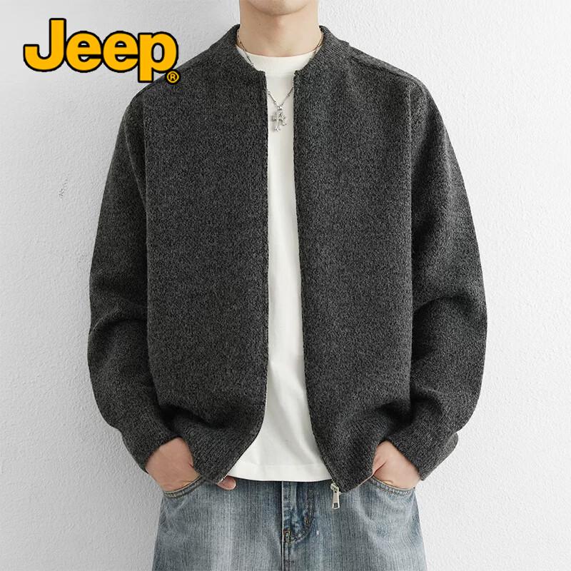 JEEP Men's Solid Color Baseball Collar Knit Zip-Up Cardigan