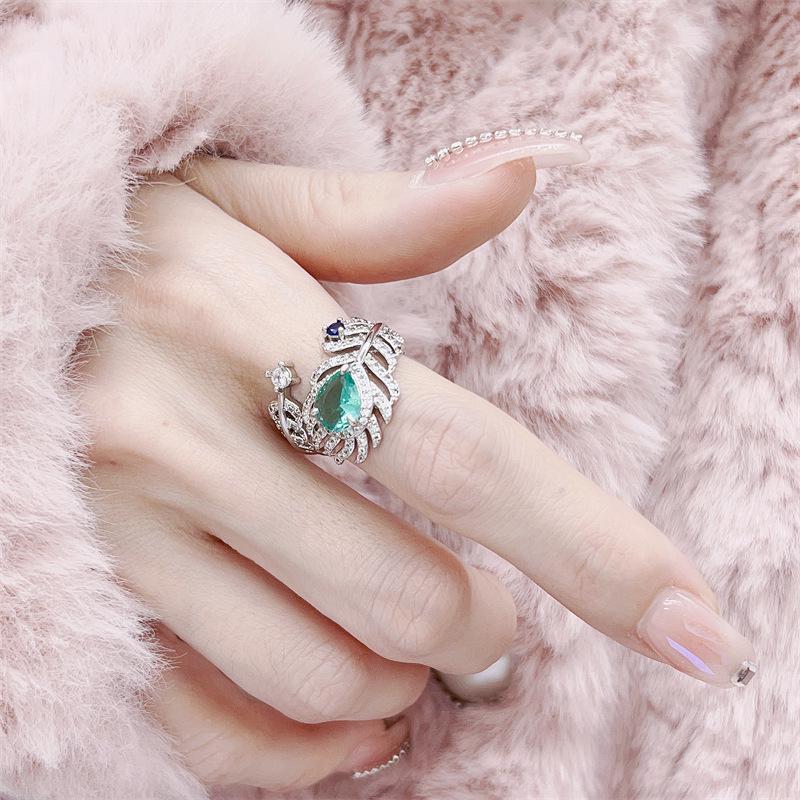 Emerald Feather Ring: Adjustable, Versatile Design for Women Adjustable