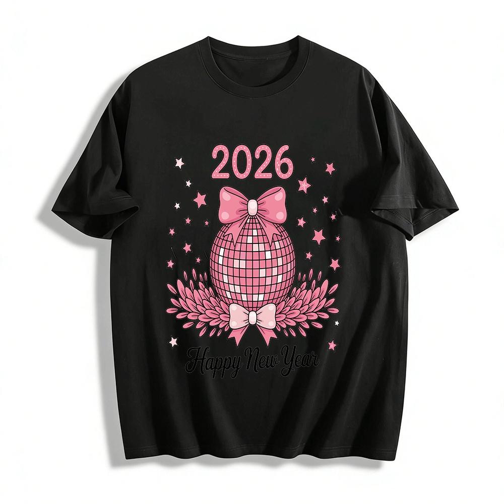 2026 Happy New Year Pink Disco Ball Bow Print Casual Top Pure cotton T-shirt XXS