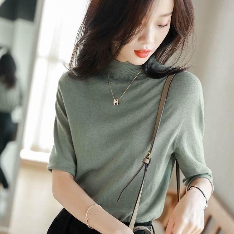 

Женский свитер с полуворотом и семью рукавами, вязаный свитер, свободная футболка M армия зеленый