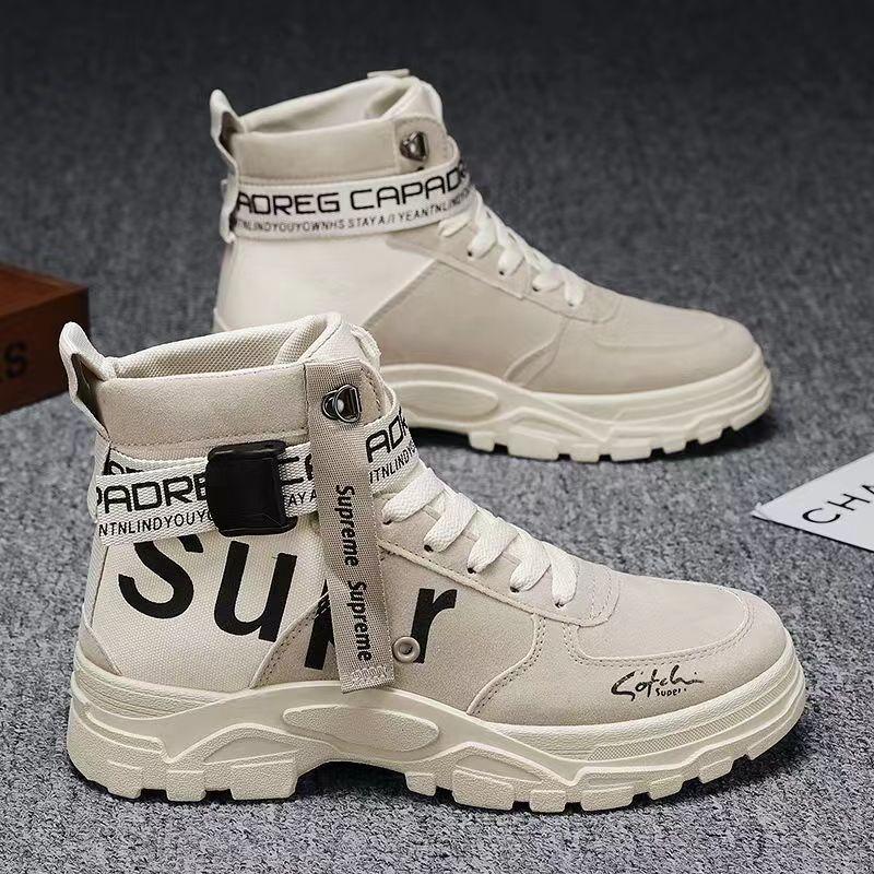 Medium tube versatile trend men's casual Martin boots autumn and winter canvas surface lace-up round head platform sports shoes men