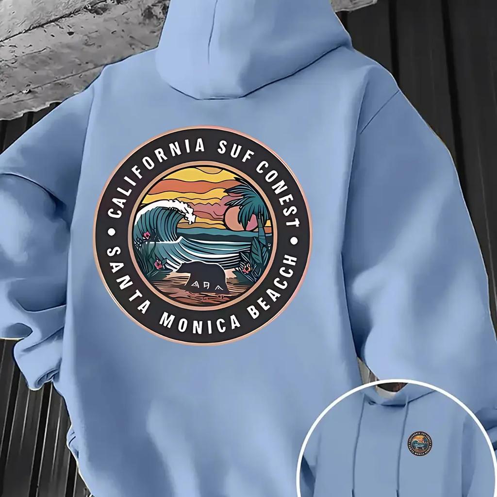 Men Oversized Casual Hoodie Santa Monica Beach California Surf Circle Badge Print Pullover Korean Vacation Sweatshirt