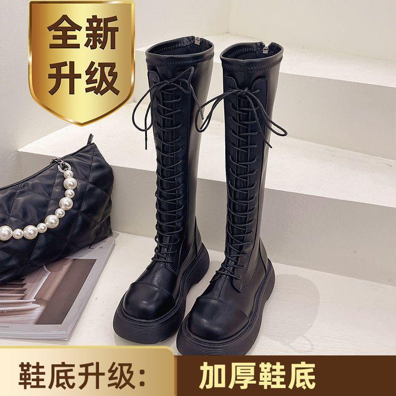 

Boots Women s Knight Boots Autumn and Winter New White Platform Boots Thick Legs Lace-Up High Martin Boots 35