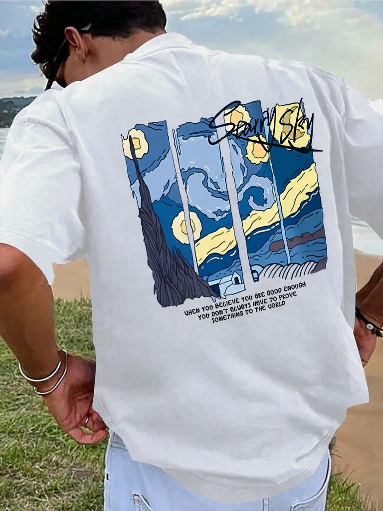 Men'S Summer Fashion Casual T-Shirt, Geometric Night Print, Crew Neck, Knit Fabric