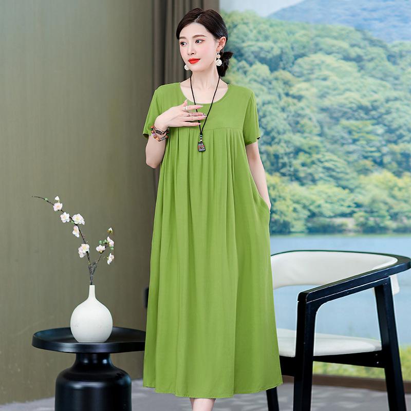 2 Neues hochwertiges florales Baumwoll-Seiden-Kleid für Damen-Sommer-Temperament, Bauchbedeckung für Mütter, große Größe künstliche Baumwolle langer Rock