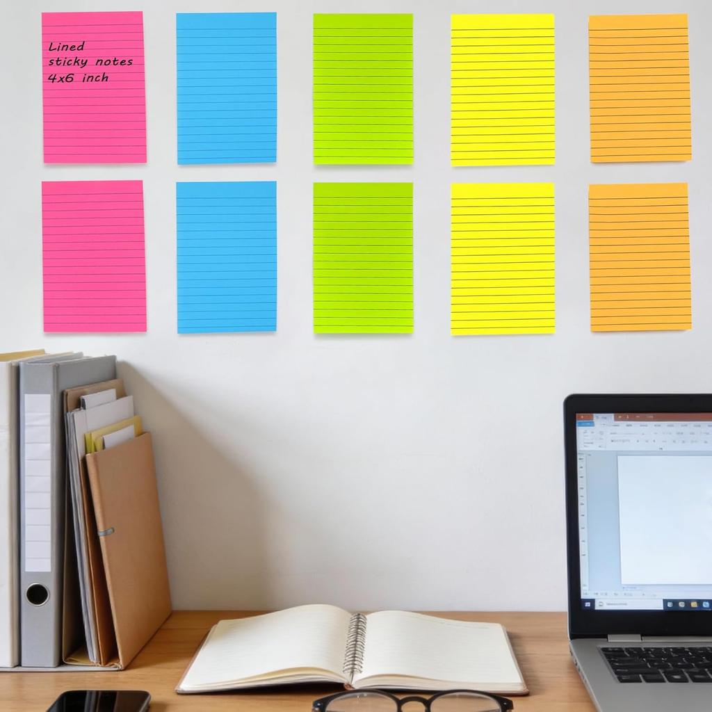 (15 Pack) Lined Sticky Notes 4x6 in Post Ruled Stickies Super Sticking Power Memo Pads, Bright Colors Big Sticky Notes with Lines Self-Stick Note Pad