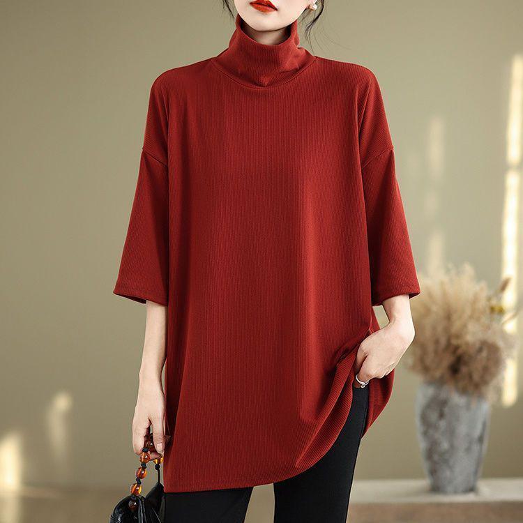Plus Size Artistic Retro High Neck Short Sleeve Women's T-Shirt - Autumn 2025 Collection, Loose Slimming Fit, Regular Shoulder Base Layer