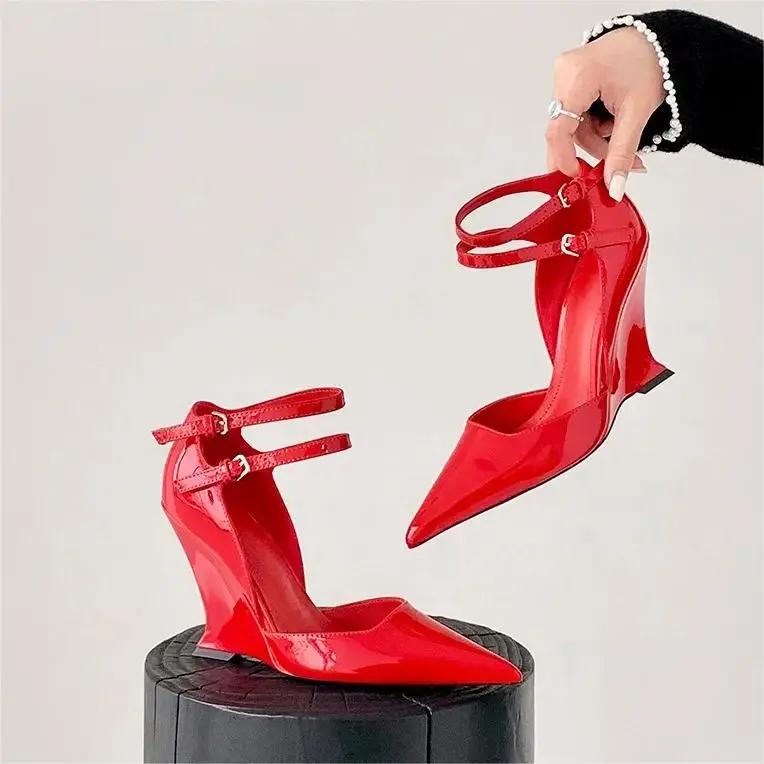 Fashion Red Cherry Wedge High Heels 2024 Pointed Toe Sexy Fashion Mary Jane Pumps Old Money Shoes For Women Ladies