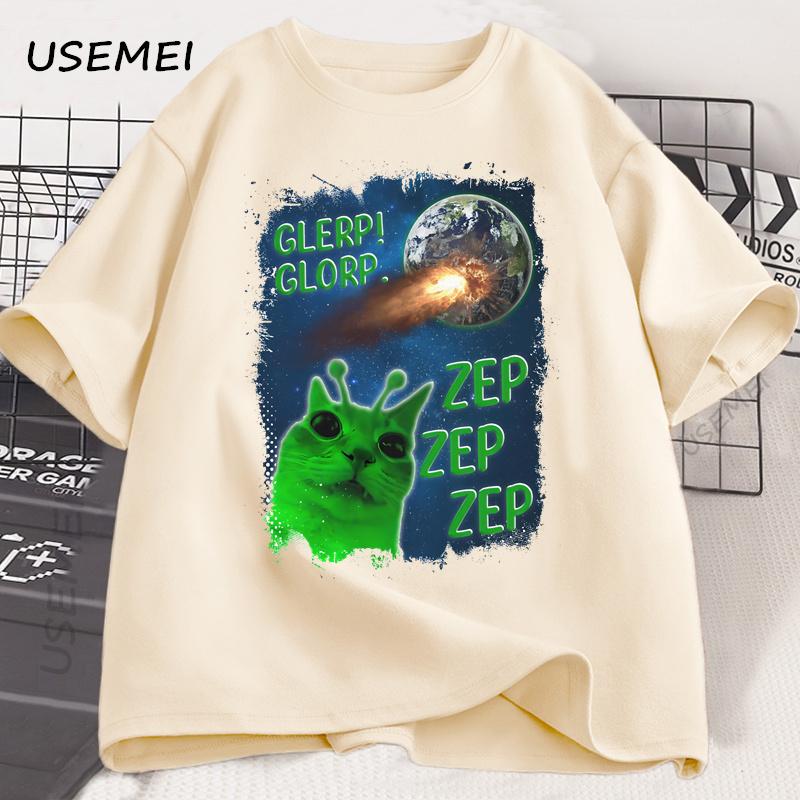 Funny Alien Cat T-Shirt Men Women Humor Brainrot T Shirt Silly Cats Joke T Shirts Cotton Short Sleeve Harajuku Tees Streetwear