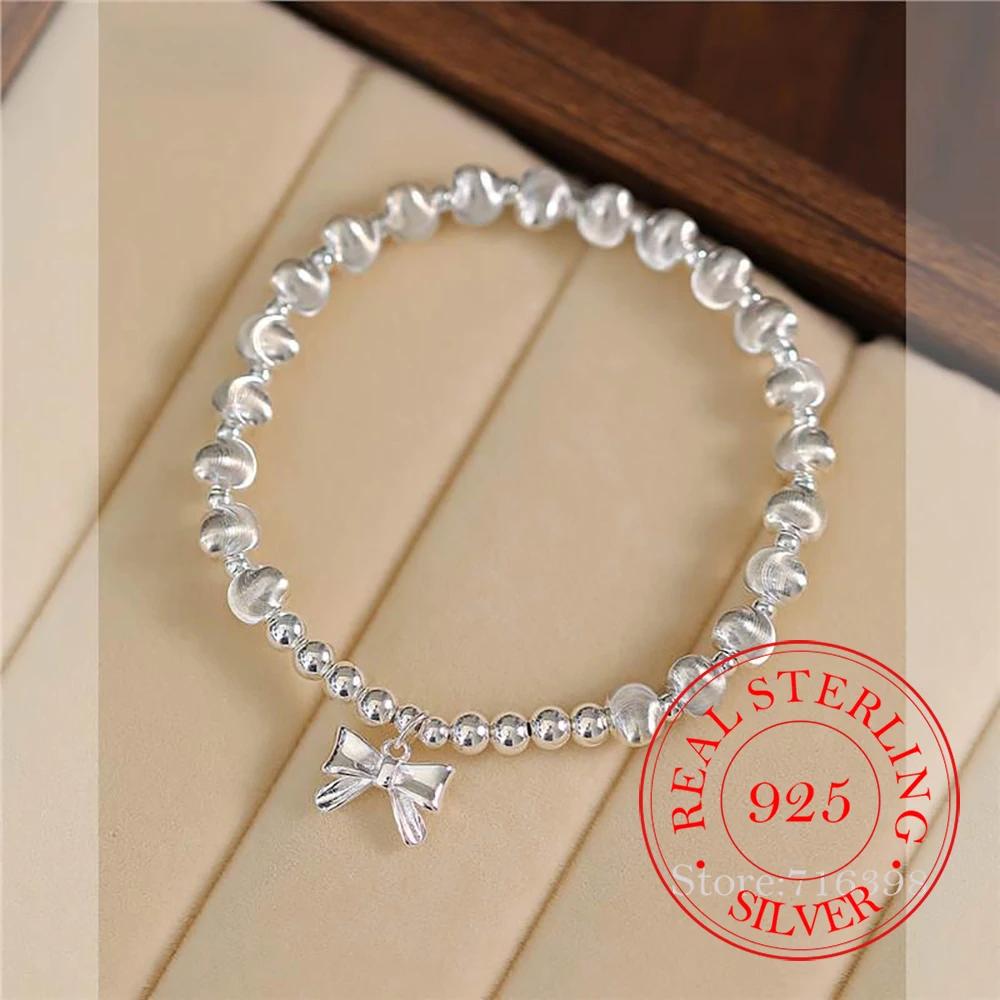 Real Money 925 Silver Beads Ball Bowknot Charm Chain Bracelet For Women Girls Homme Wedding Party Jewelry Gift
