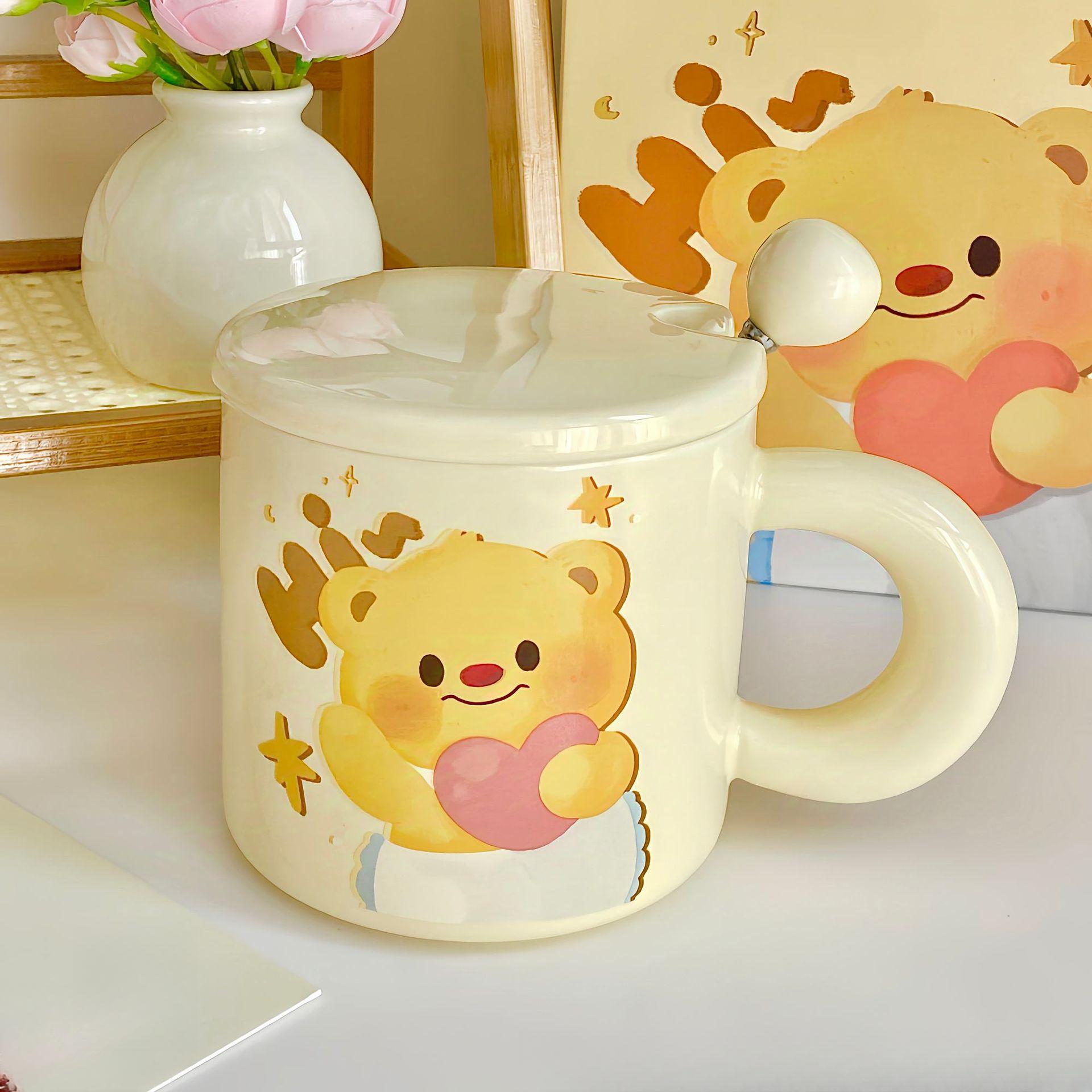 

Милая керамическая кружка Butter Bear с крышкой, ложкой и привлекательным внешним видом, подарок на день рождения для девочек, подарок лучшему другу 301-400ml