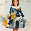 Girls High Neck Long Sleeve Geometric Printed Green Khaki Bow Decor Furry Trim A Line Flared Dress