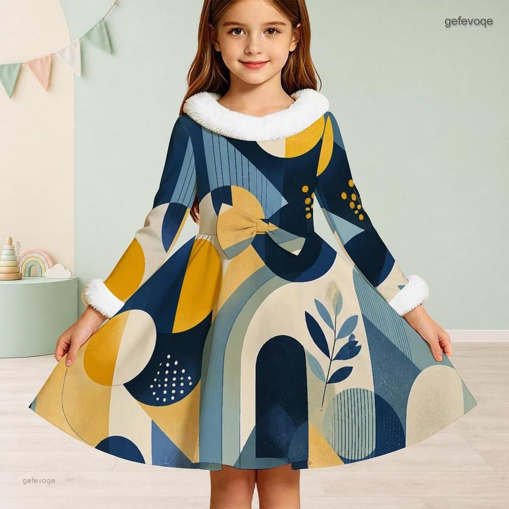 Girls High Neck Long Sleeve Geometric Printed Green Khaki Bow Decor Furry Trim A Line Flared Dress