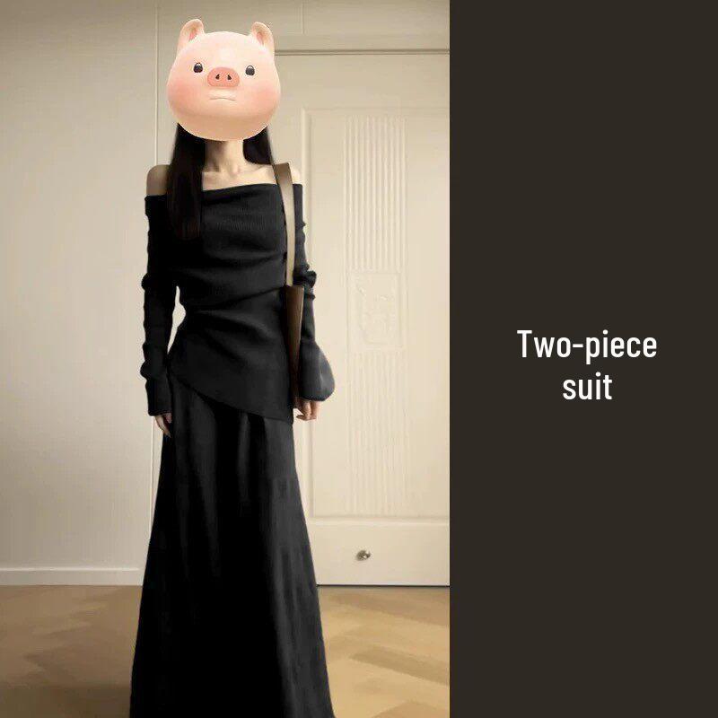 Women s Petite One-Shoulder Black Knit Dress for Autumn/Winter 2025 - Elegant Long Style M
