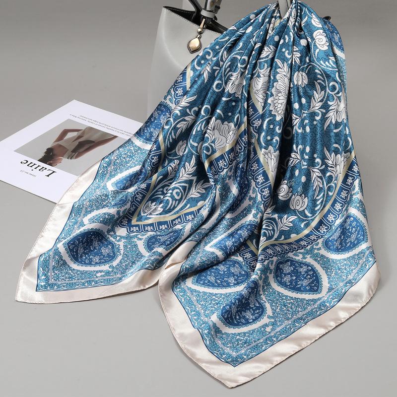 90x90cm Square Shawls Satin Neck Scarf For Women Fashion Print Floral Head Hijab Scarves Female Silk Feel Neckerchief Headband