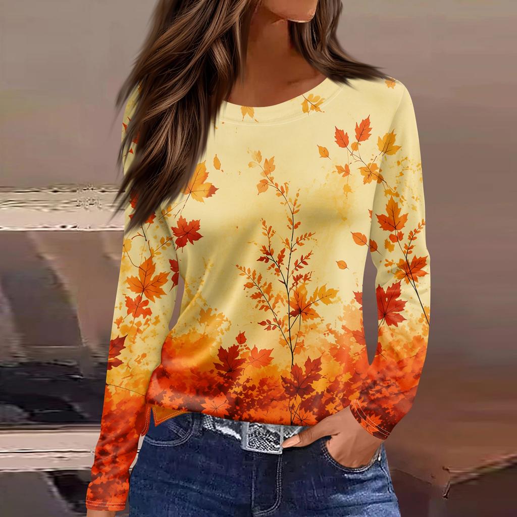 Women's Casual Long Sleeve Maple Leaf Print Round Neck Blouse for Everyday Wear
