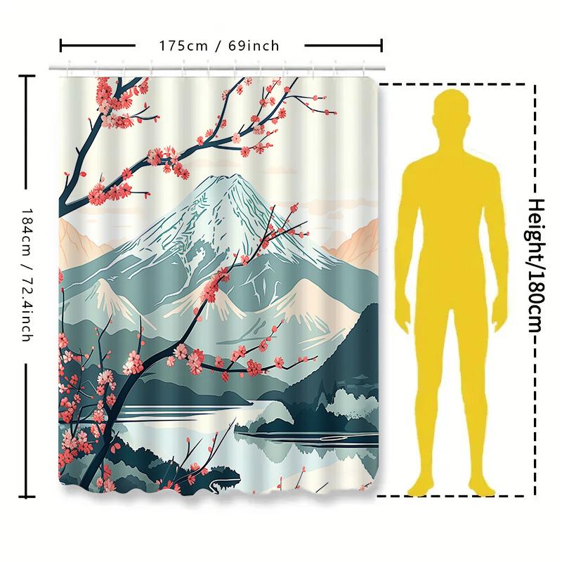 Elegant Japanese Style Shower Curtain With Mount Fuji And Cherry Blossoms - Waterproof And Durable Home Decor Essential