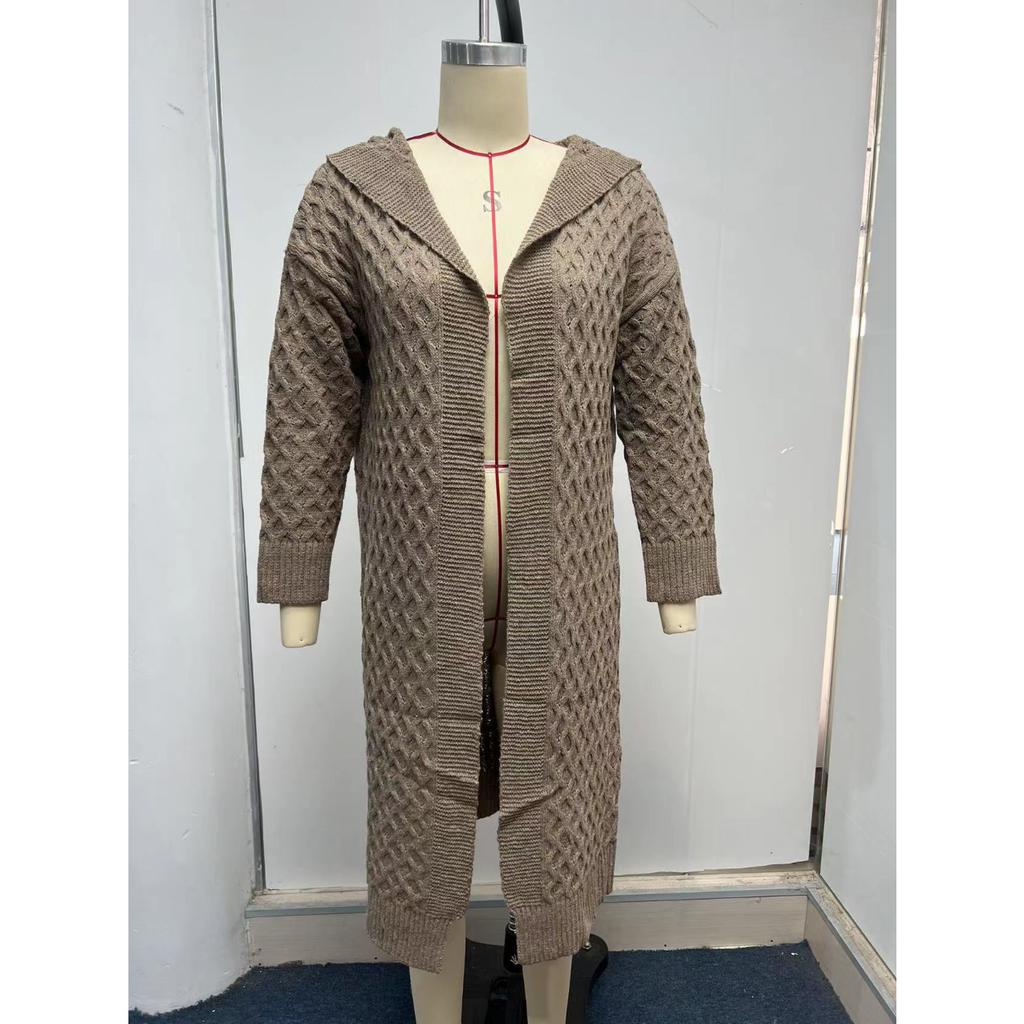 Autumn Winter Women's Long Cable Knit Hoodie, Plush Ribbed Open Front Cardigan with Warm Fleece Lining, Oversized Sweater Coat for Casual Comfort