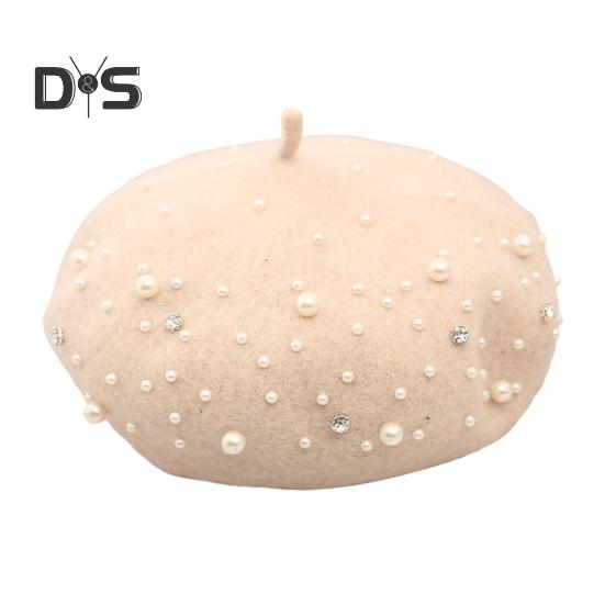 Baskenmütze für Damen, Kunstperlen, Strass-Dekor, Vintage-Wollmütze im englischen Stil, ohne Krempe, einfarbig, verstellbare Träger, Kürbismütze