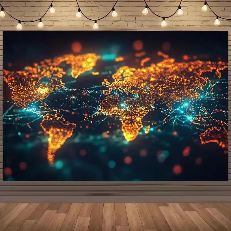 2D Printed World Map Backdrop Glowing Lights & Global Connections Background Cloth 59x51.1inch/150*130cm