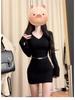 Autumn-Winter V-Neck Pleated Slim Fit Dress - Figure-Hugging Long Sleeve Mini Skirt