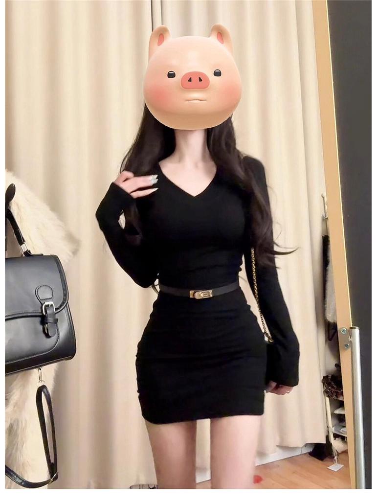 

Autumn-Winter V-Neck Pleated Slim Fit Dress - Figure-Hugging Long Sleeve Mini Skirt M