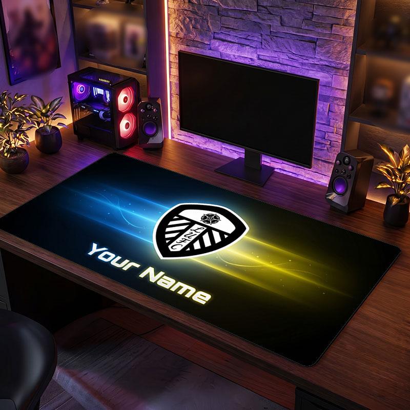 Leeds United Custom Large Mouse Pad, Personalized Name Text Print, Football Logo Non‑Slip Desk Mat Gaming Gift