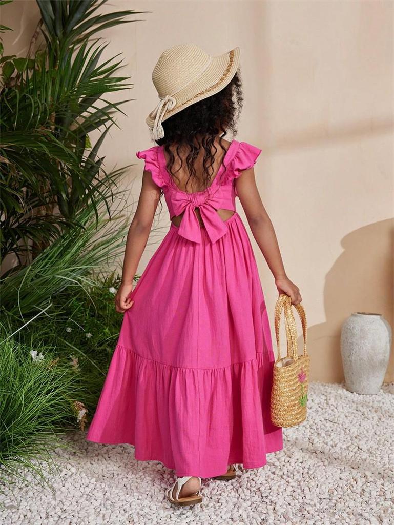 Kids' Summer Korean Puff Sleeve Open Back Dress with Sweet Square Neck