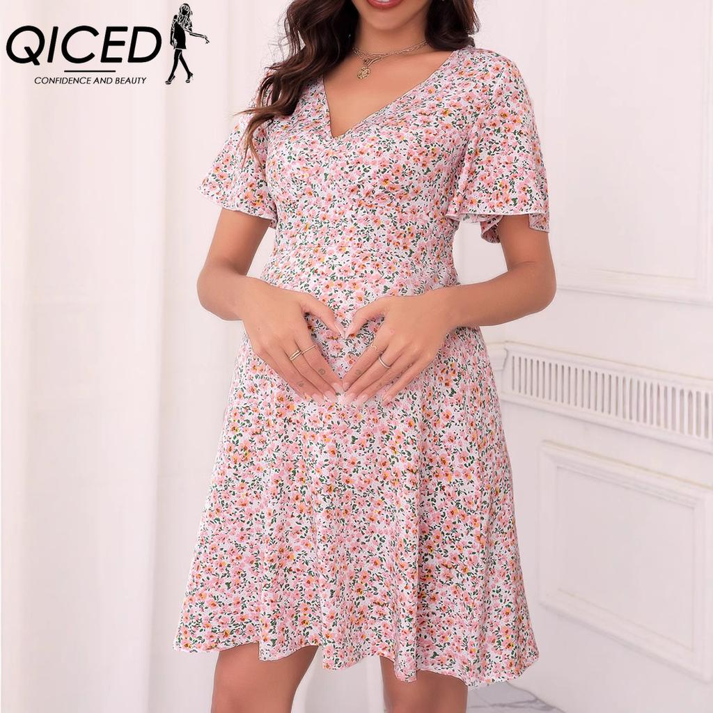 QICED Maternity Wear Summer Chiffon Printed Ruffled Dress Tea Break Dress Tied Short Skirt