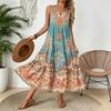 Women's Vintage Floral Print Tiered Midi Dress, Sleeveless Loose Bohemian Beach Dress