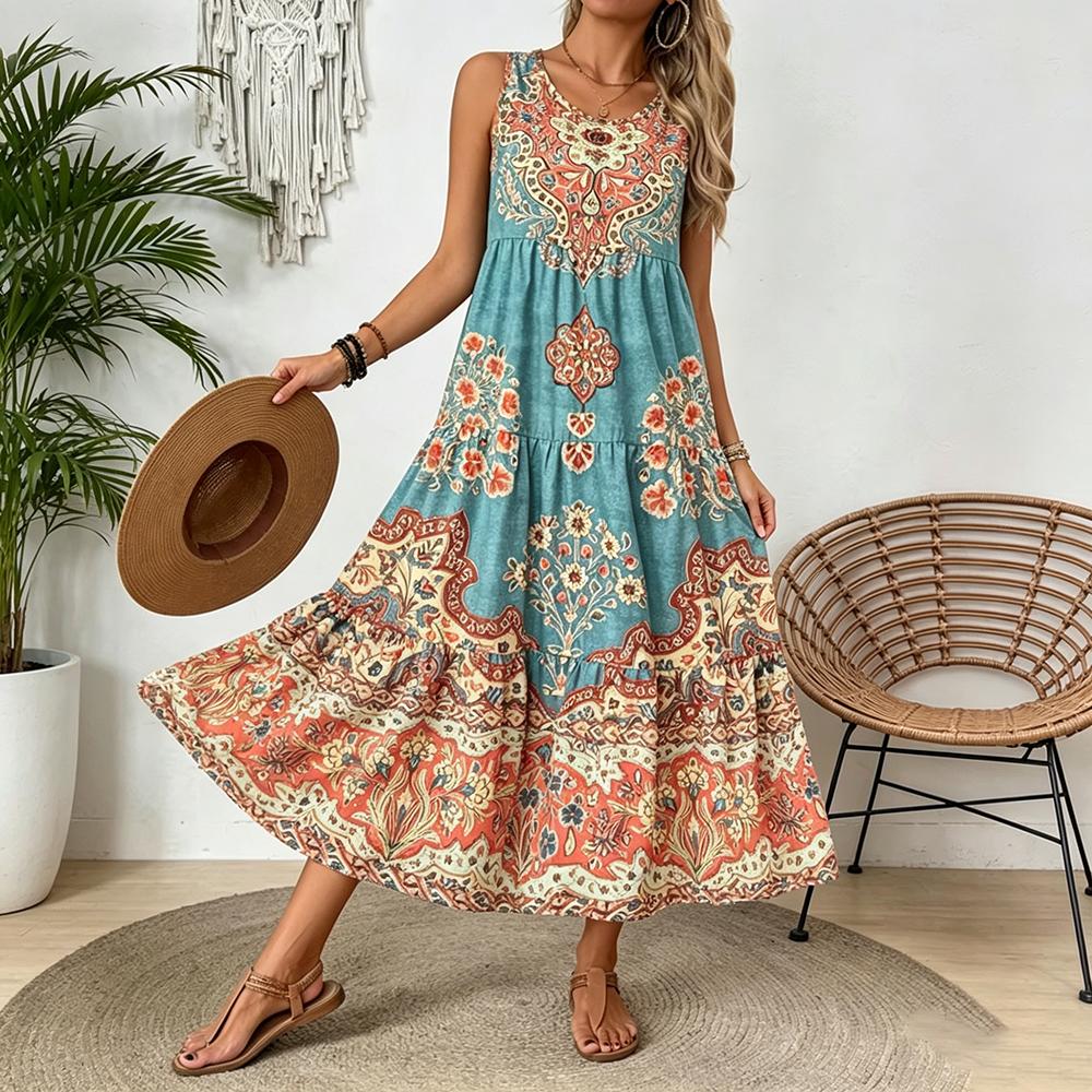 Women's Vintage Floral Print Tiered Midi Dress, Sleeveless Loose Bohemian Beach Dress