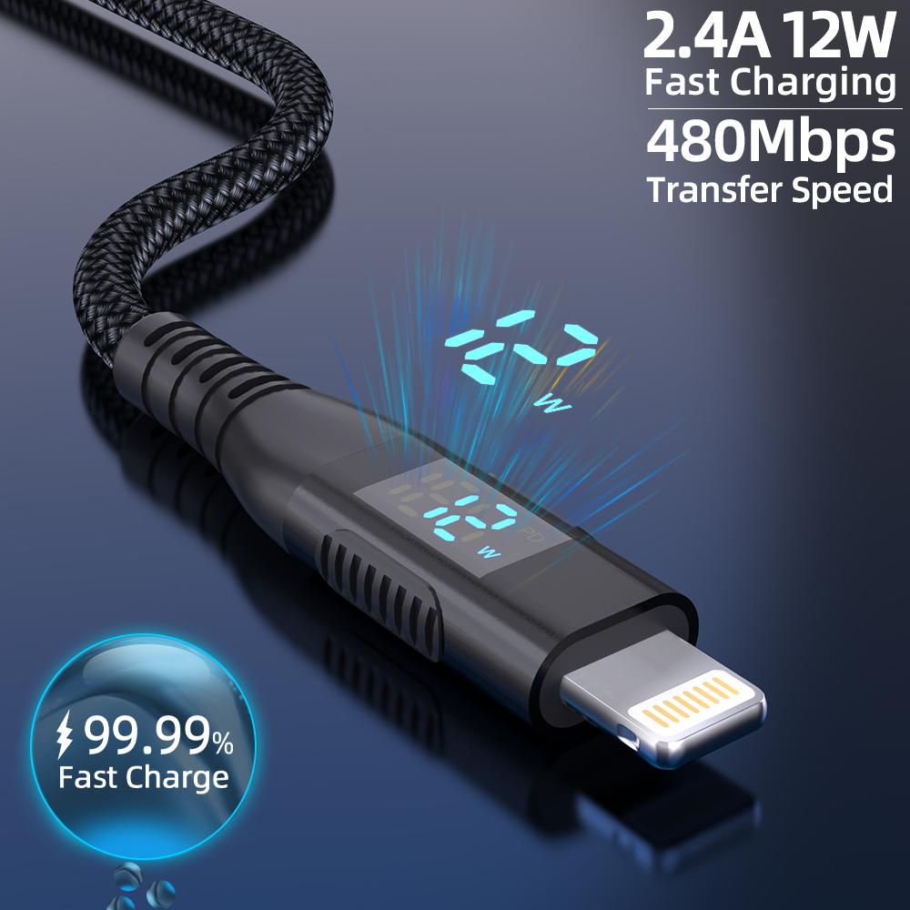 3m USB to Lightning Cable Digital Display 2.4A Nylon Braided Phone Fast Charging Cord