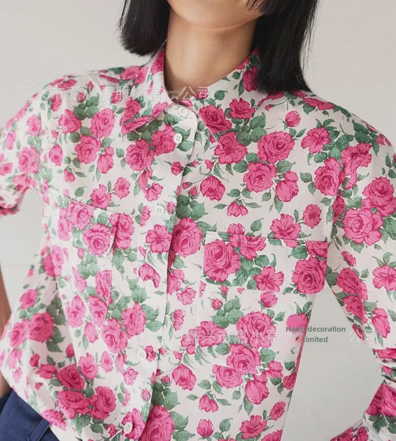 Retro Caroline Rose Print Cotton Long Sleeve Women's Shirt with Double Pockets