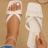 Large Size Bow Casual Flat Slippers Women'S Thin Strap Solid Color Square Head Slippers