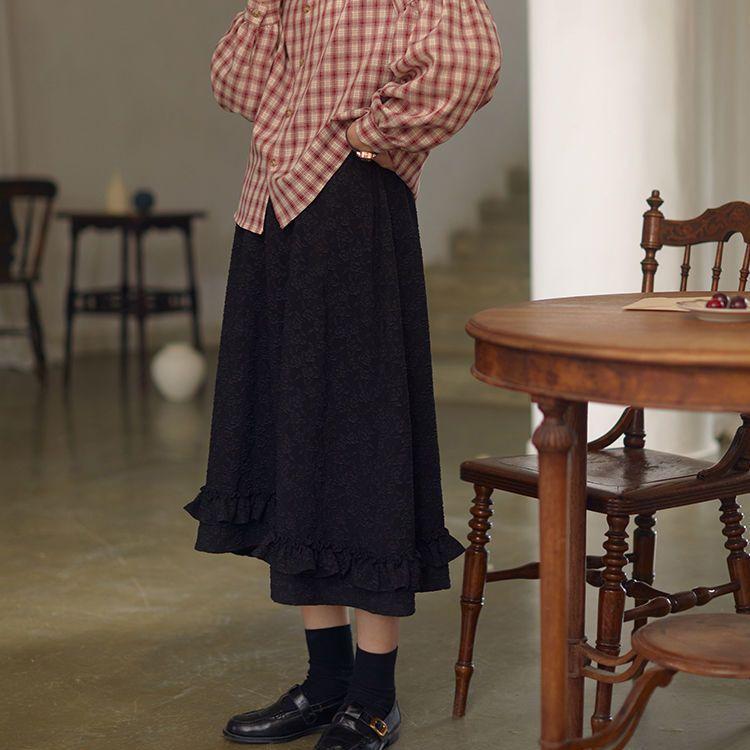 Black Skirt Women's Lace Jacquard Skirt Women's Summer Retro High Waist Mid-length Skirt Lolita Style