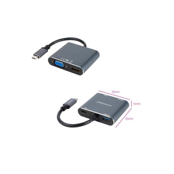 Konvertor - Nanocable - USB-C na HDMI/VGA/USB3.0 - 15 cm - Šedý - Multiportový adaptér