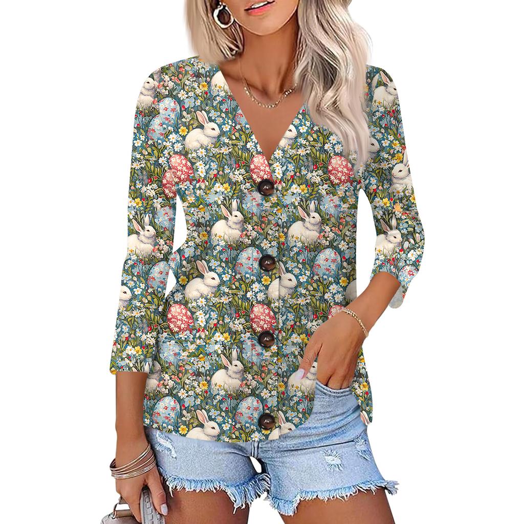 Women's Fashion Casual Print Button-down Shirt 3/4  Sleeve Tops