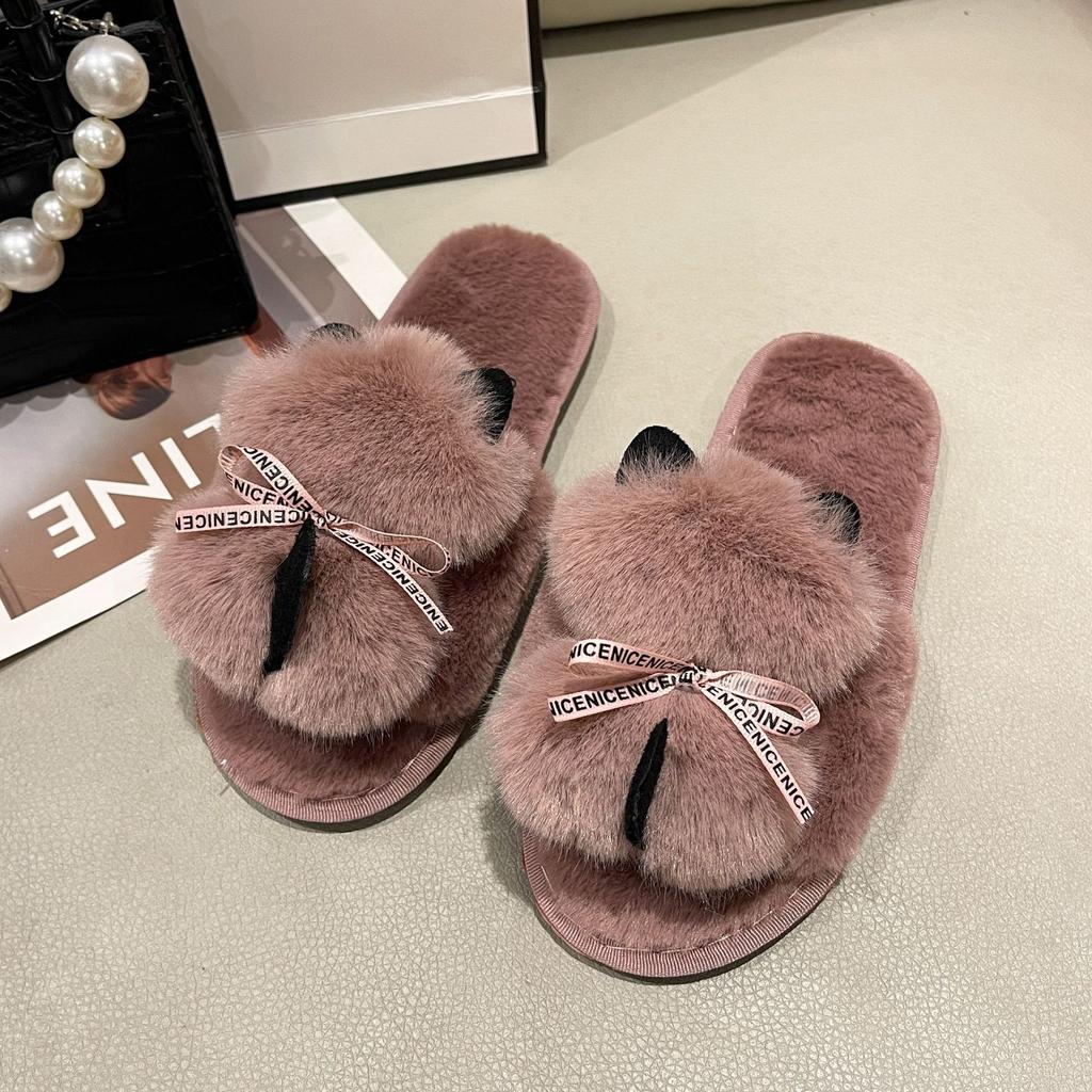 Amazon große Größe flauschige Hausschuhe Zuhause Indoor flache Sohle warm Ein-Wort-Hausschuhe Baumwollhausschuhe Schuhe