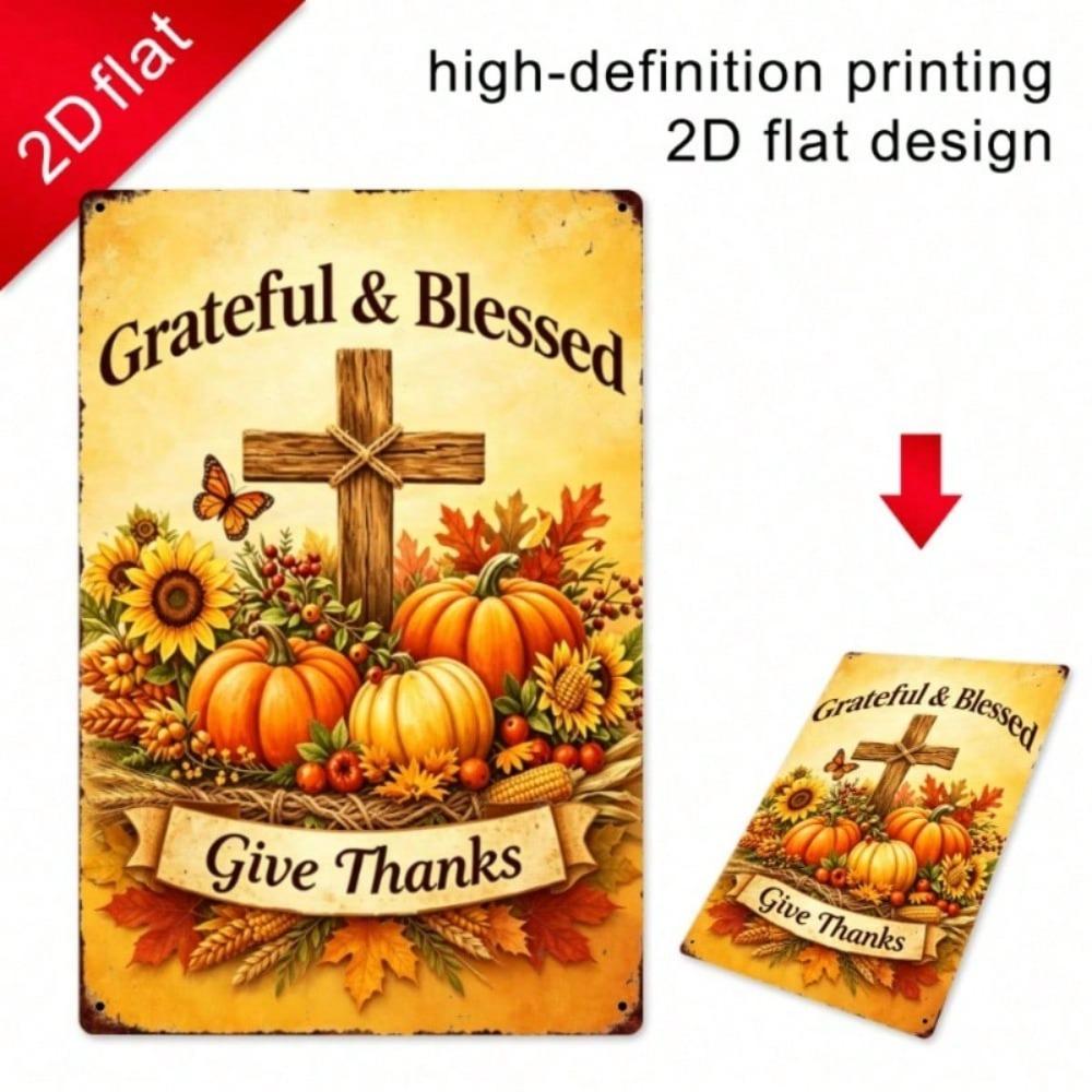 1pc Thanksgiving Metal Sign Autumn Pumpkin Cross Wall Decor Iron Plate 11.81x7.87in