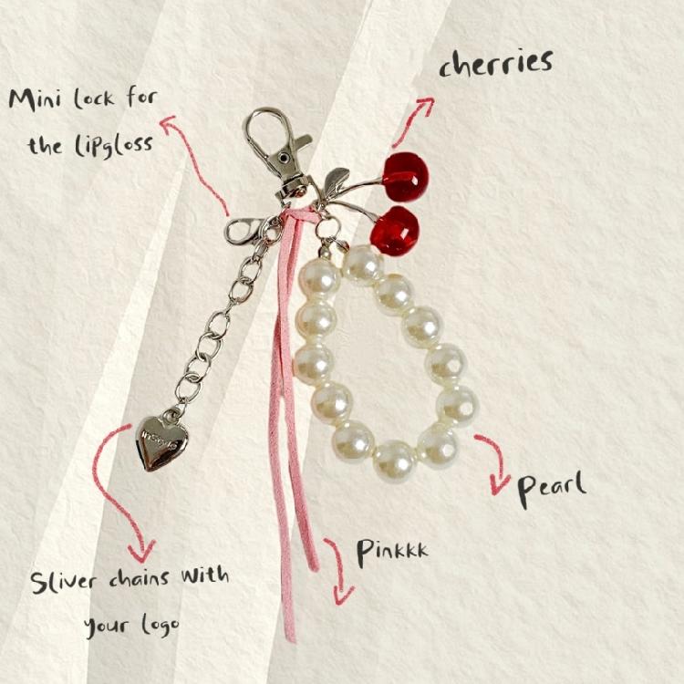 Fashion Beads Keychain Cherry Pearls Design Beaded Lip Balm Pendant Key Ring Stylish Jewelry Gift For Her