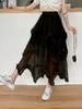 Damen Schwarzer Mesh-Rock Mode Unregelmäßiger Midirock Elegant Rüschen Y2k Stil Kleidung Elastischer Bund