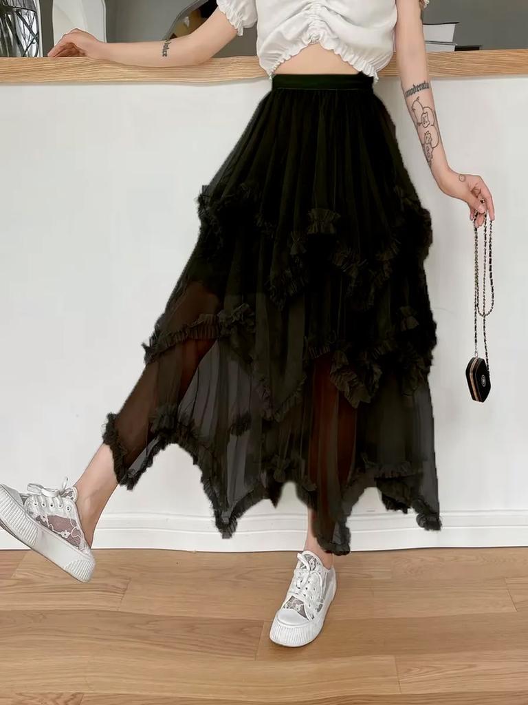 Damen Schwarzer Mesh-Rock Mode Unregelmäßiger Midirock Elegant Rüschen Y2k Stil Kleidung Elastischer Bund
