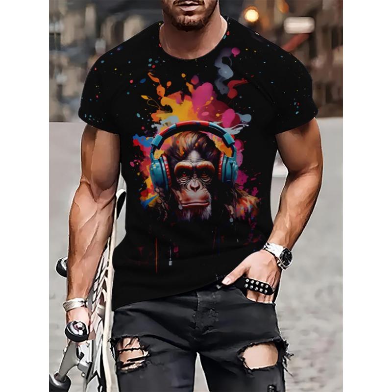 Summer Round Neck 3D Monkey Print Top Fashionable Casual Short Sleeved Men's T-shirts