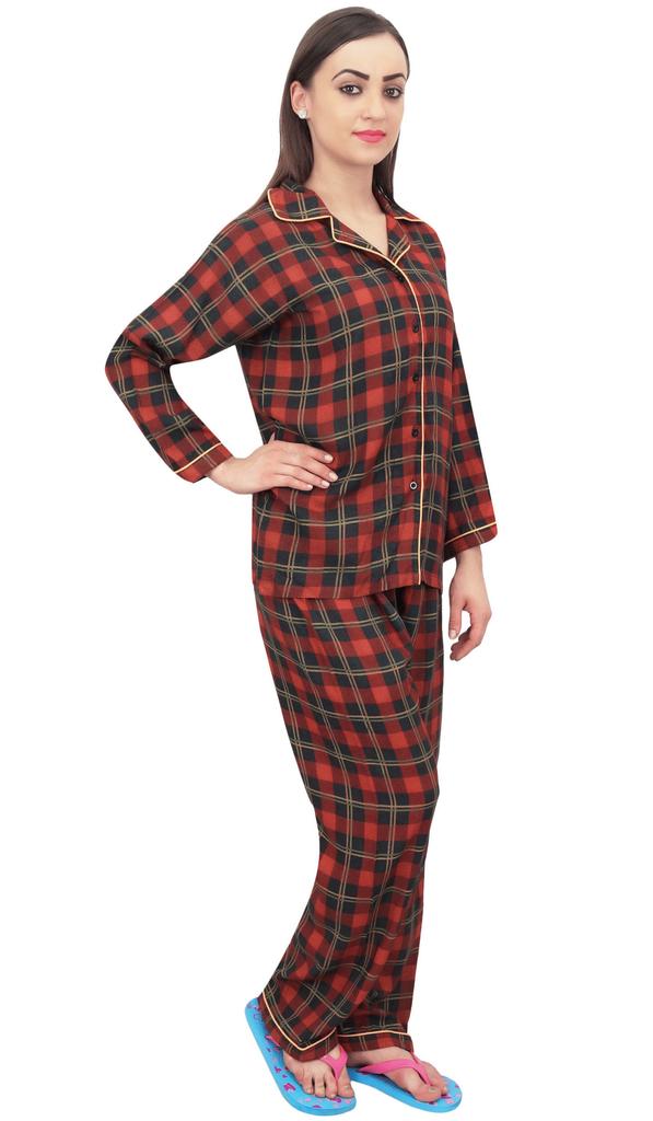 Bimba Women Check Print Pajama Pant Set With Full Sleeve Shirt Nightwer Suit -