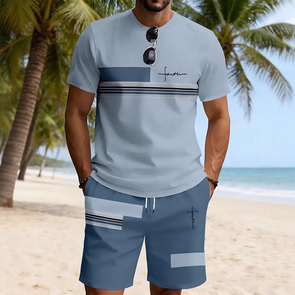 Fashion Men s Printed Short Sleeve Shorts Two-piece Casual Sports Suit Comfortable Unisex Sports Clothing S