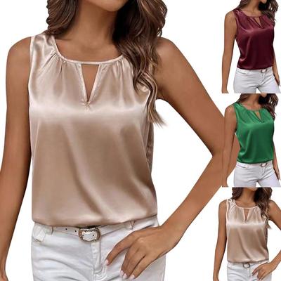 Women's Fashionable Design Sexy Satin Pleated T-shirt Satin Vest Hollow Sleeveless Top