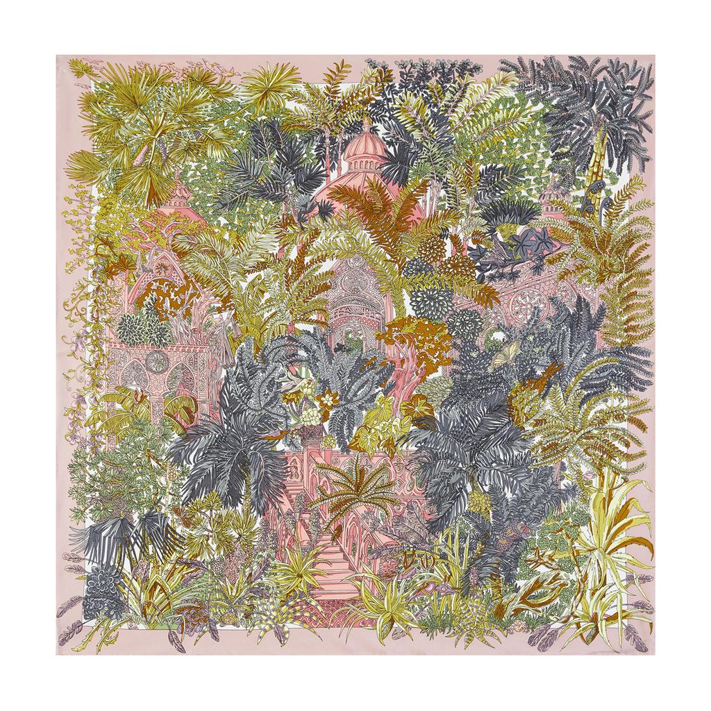 90cm "Palaces in the jungle" Luxury Brand Scarf Women Bandana Handmade Curled Twill Silk Square Hijab Scarf Foulard Head Scarves
